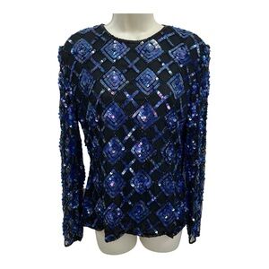 Holiday Party Stenay Silk Sequined Beaded Blue 80’s Blouse Long Sleeves  VTG